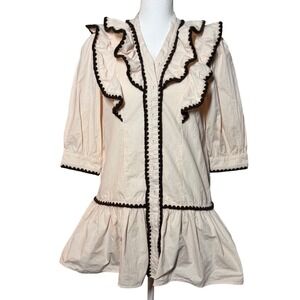 Ruffle Rickrack Mini Dress XS Cream 100% Cotton Puff Sleeve Excellent